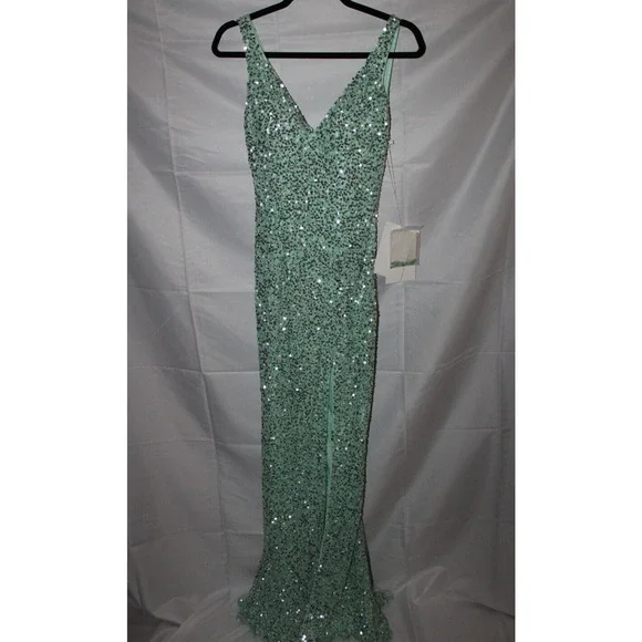 MAC DUGGAL MINT GREEN SEQUIN SLEEVELESS V-NECK SLIT DRESS 1068 RARE STYLE!